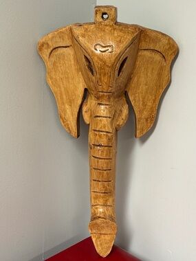 Vintage 3D Wood Elephant Head Wall Art 20” Carved Decor